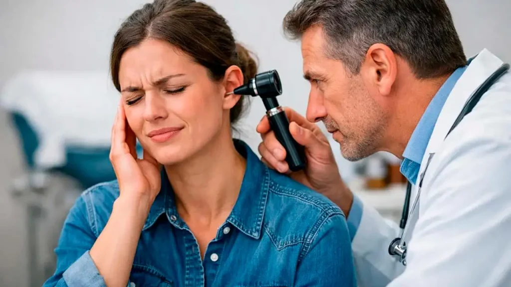 پزشک در حال معاینه گوش بیمار برای تشخیص نوع عفونت